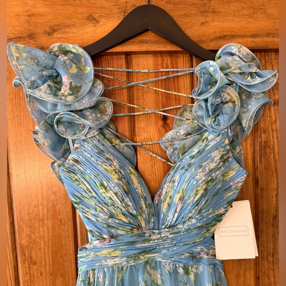Mac Duggal 🩵 Blue Floral Ruffle Tiered Cut-Out Chiffon Gown – Size 8 NWT - Picture 9 of 16